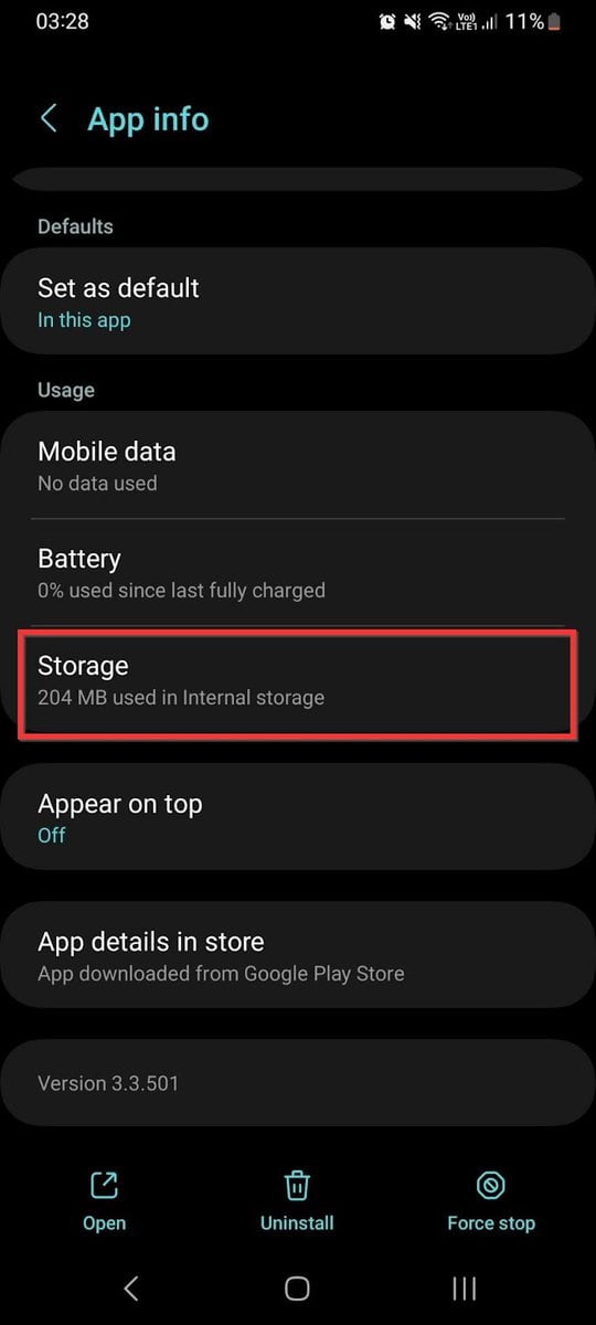 Scroll down and tap Storage