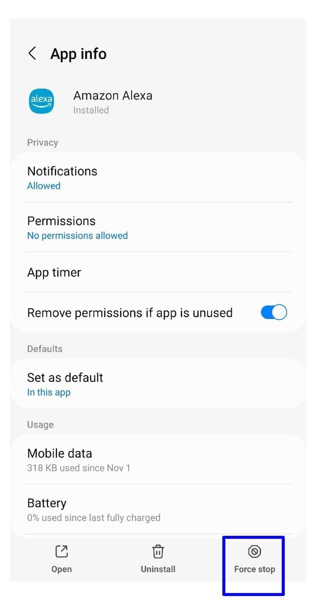 Force Stop the Alexa App