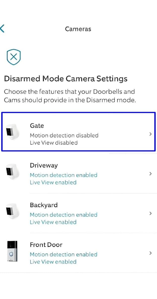 Disarmed mode camera settings