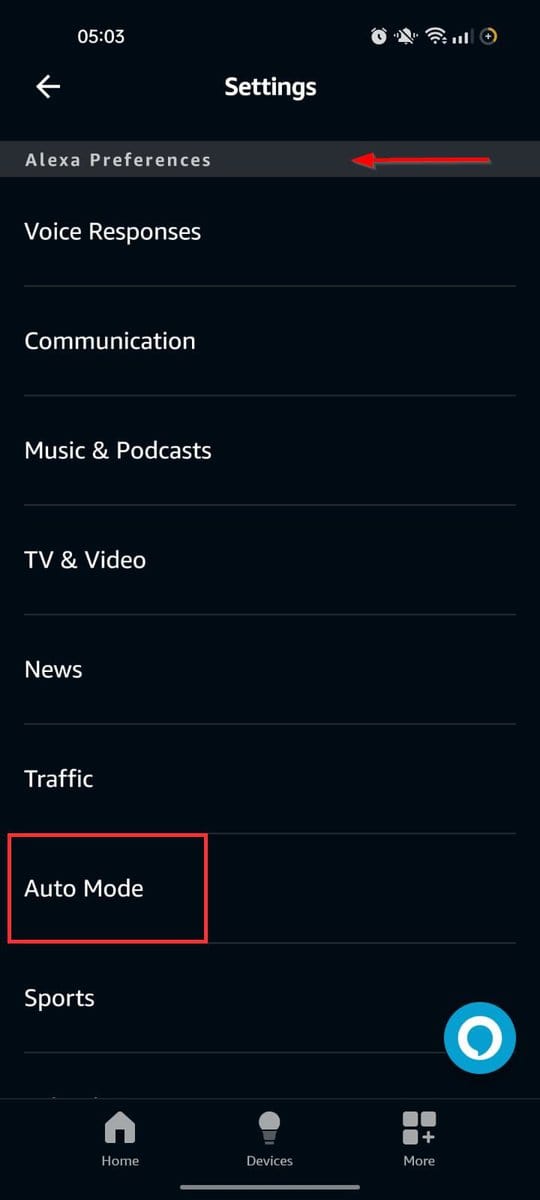 Scroll down and tap Auto Mode under Alexa Preferences