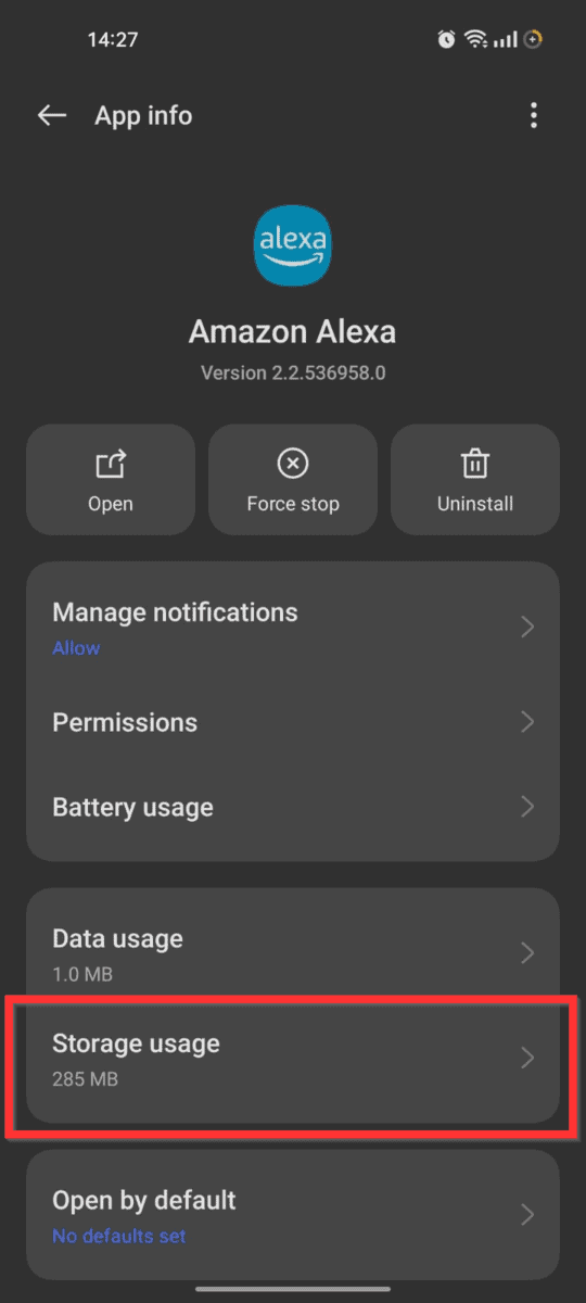 Select the Storage usage option