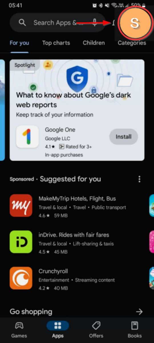 tap your profile icon on google play