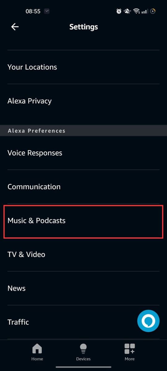 Navigate to Alexa Preferences and select Music & Podcasts