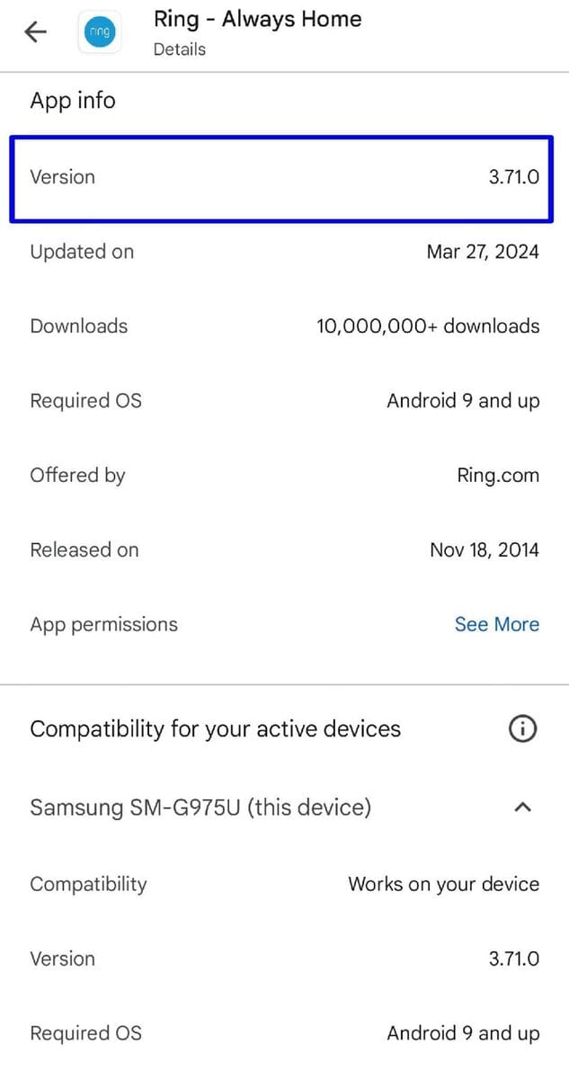 Ring App version