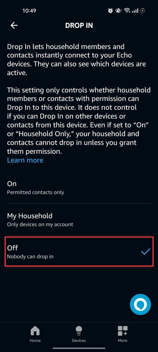 Select Off to prevent your Echo device from being used as a two-way intercom