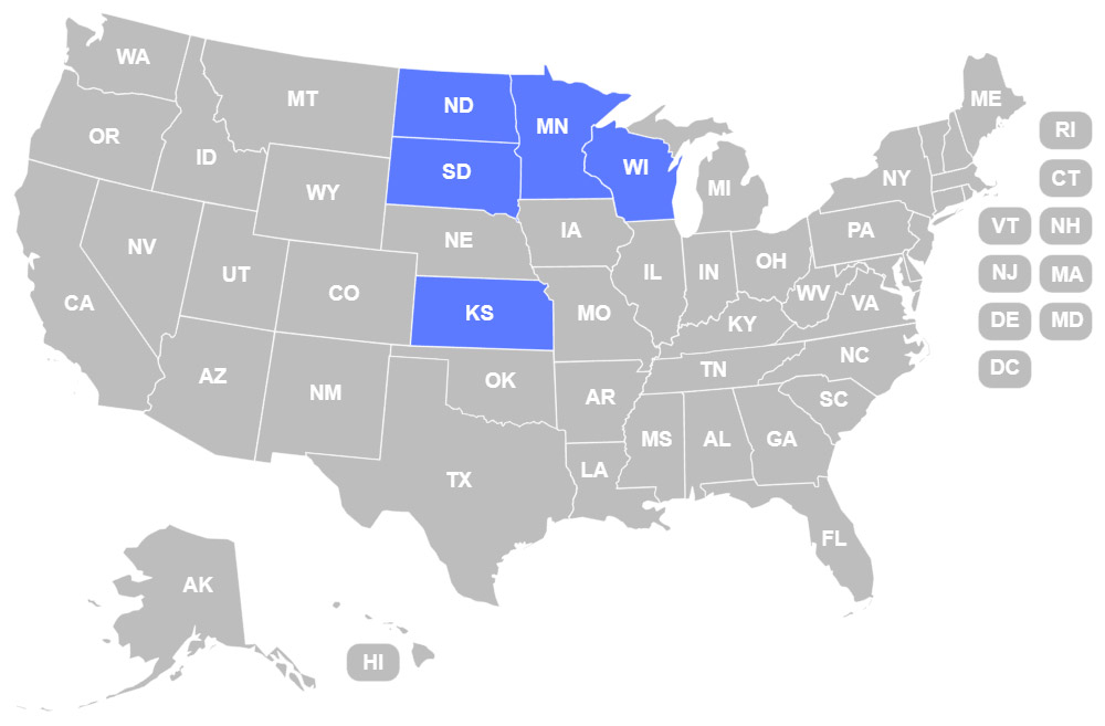 map of Midco locations in the U.S.