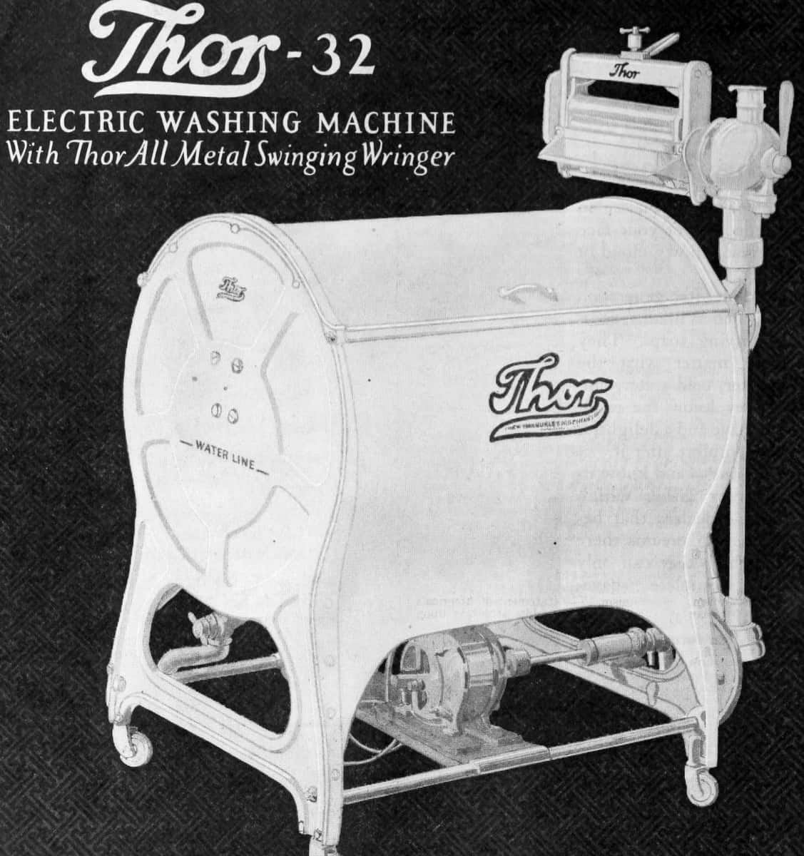 Part of the advert poster for the Thor-32, an "electric washing machine with Thor All Metal Swining Wringer". The washing machine is pictured, with some cables and a motor visible at the bottom.