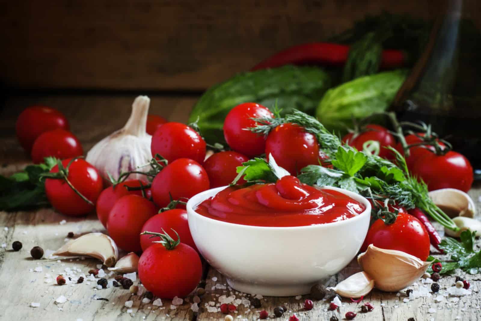 Tomato ketchup sauce with garlic, spices and herbs