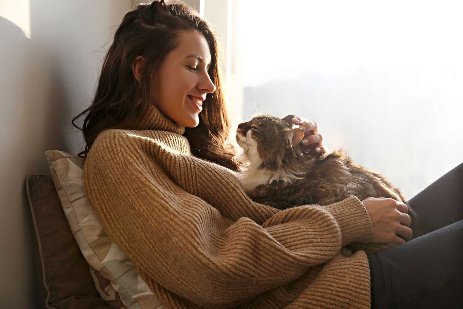 the cat caresses the woman