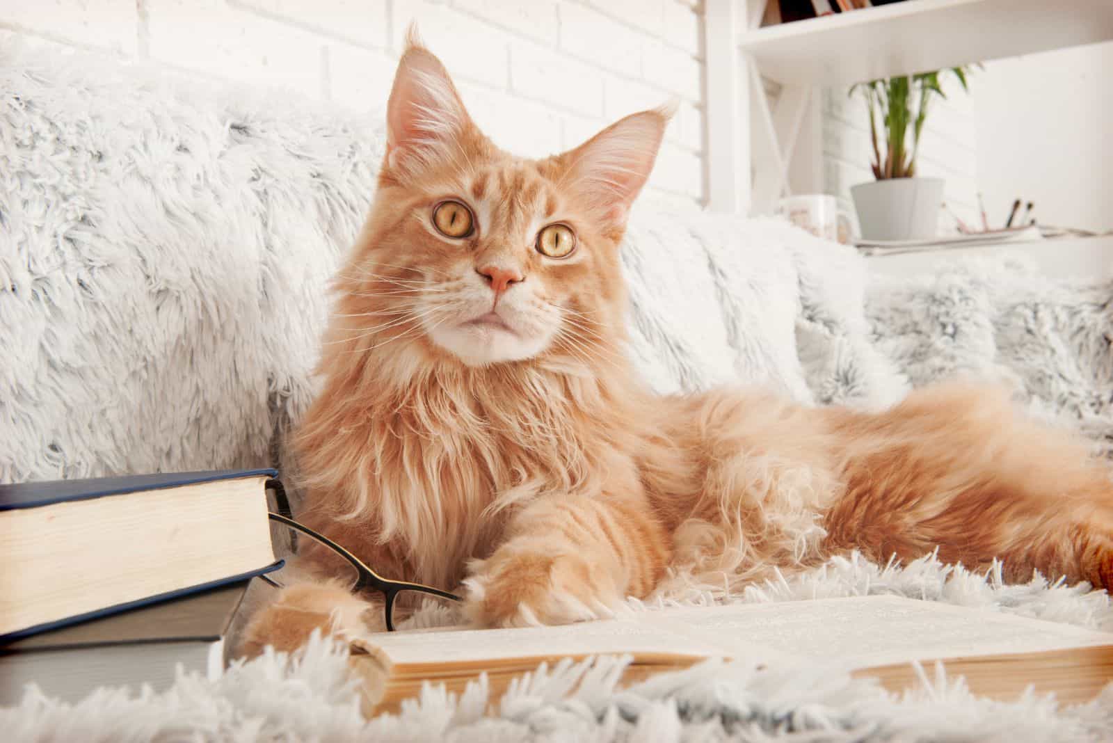 a beautiful Maine Coon Cat is lying on a blanket leaning on a book