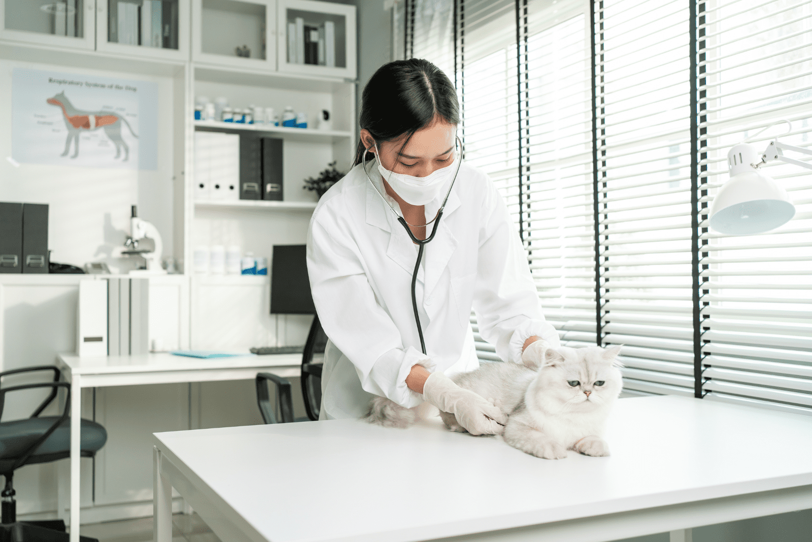 a woman examines a beautiful white cat