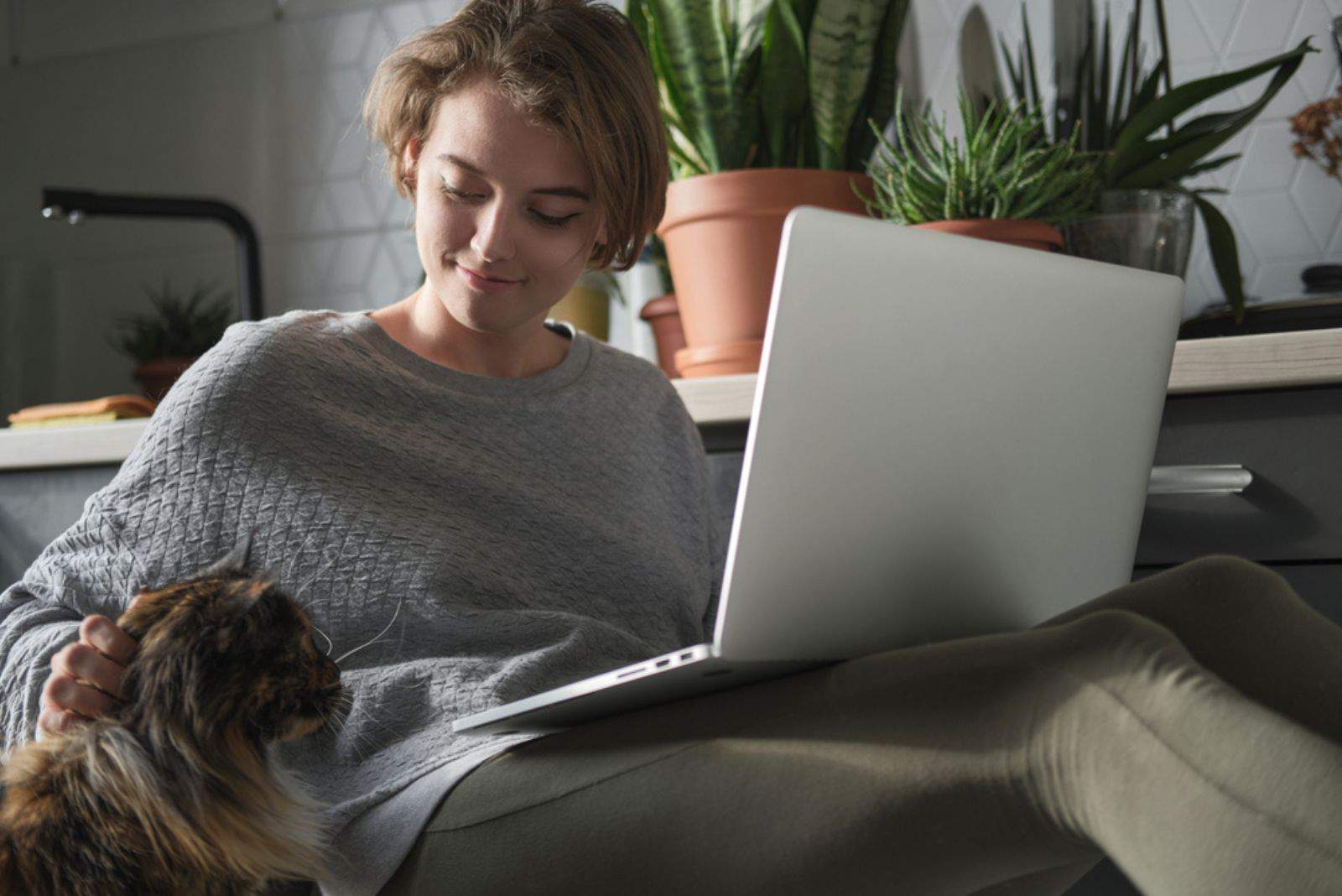 a woman is petting a Maine Coon cat while working on a laptop