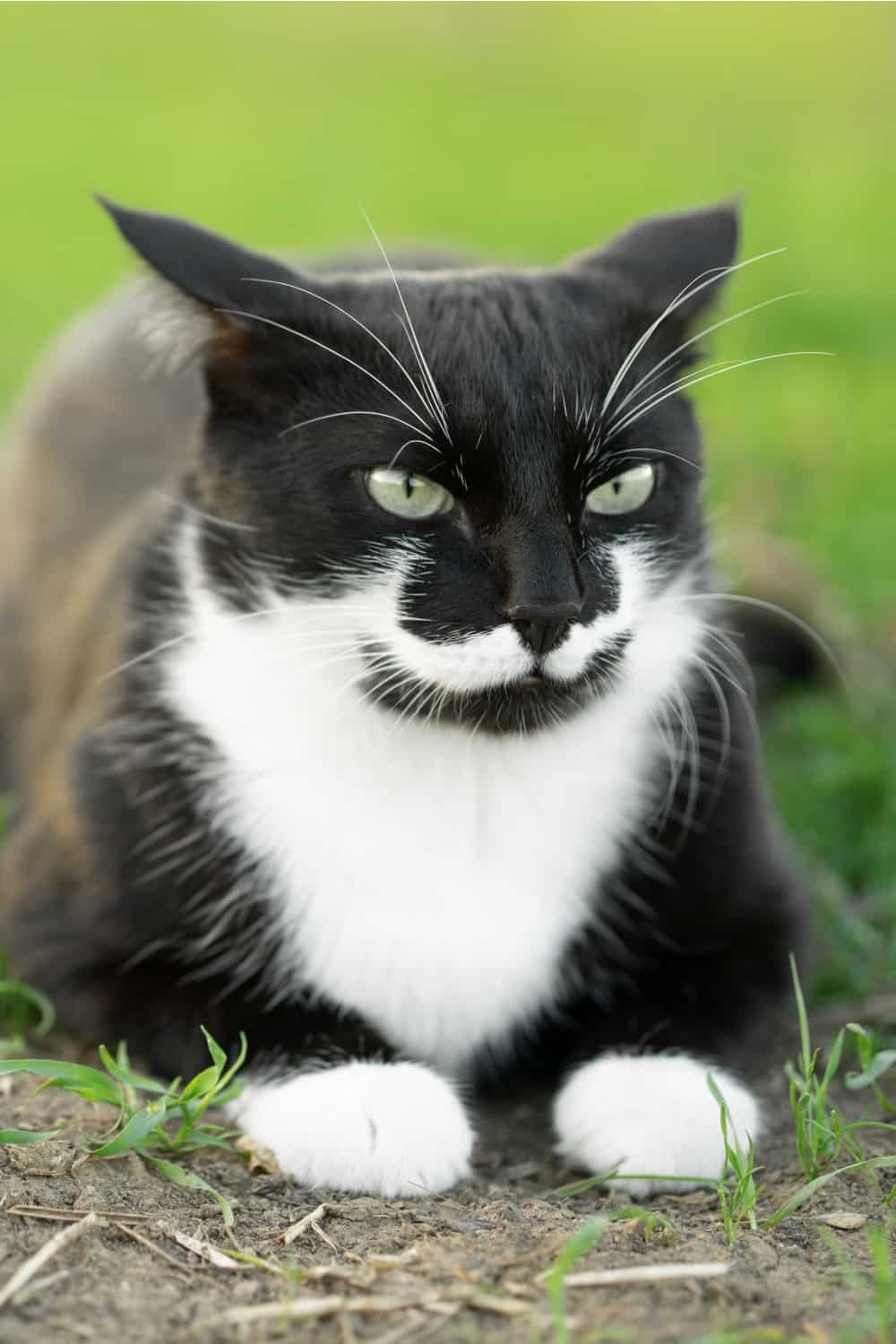 black and white cat with ears turned sideways