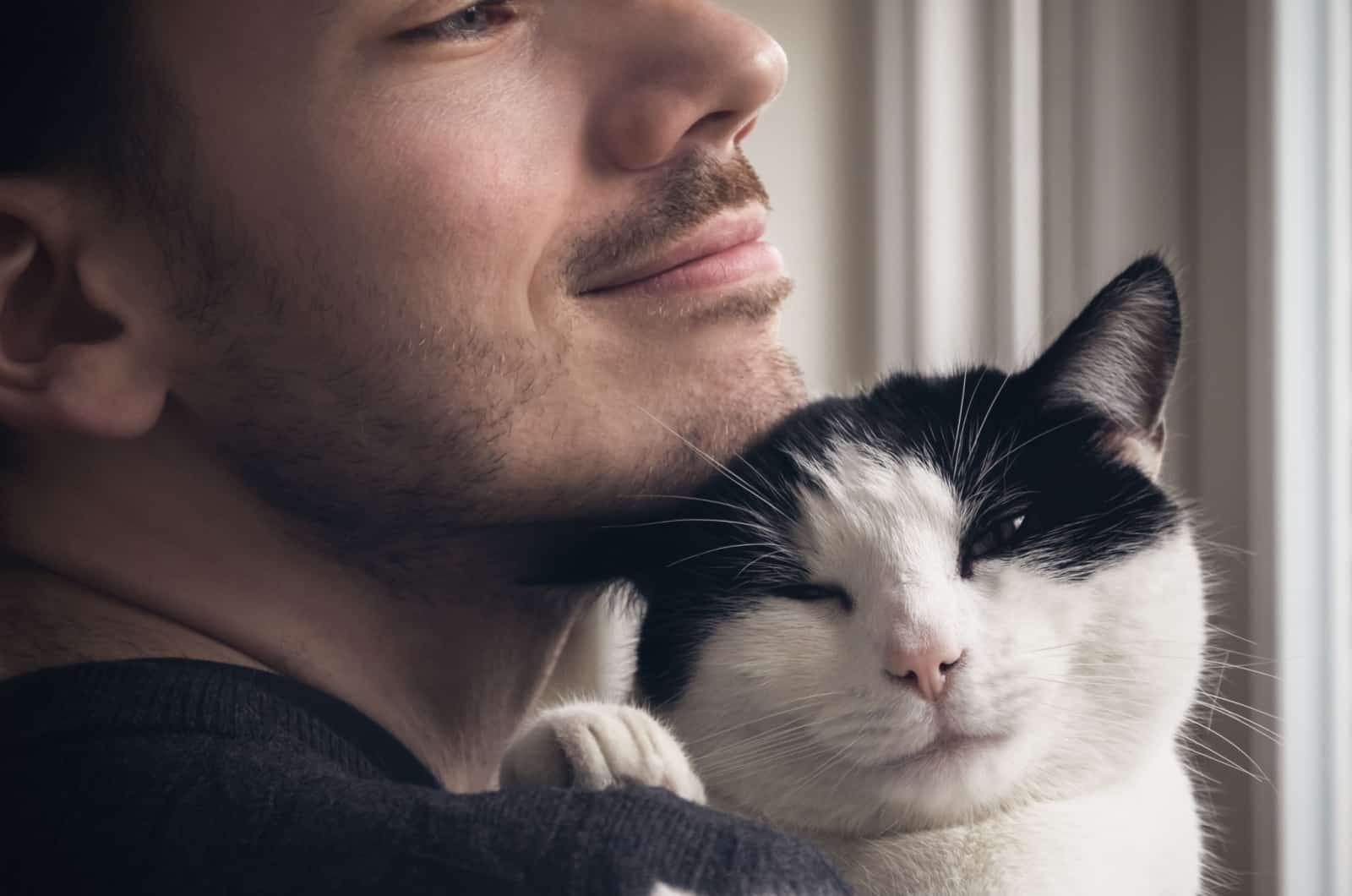 cat cuddles a man