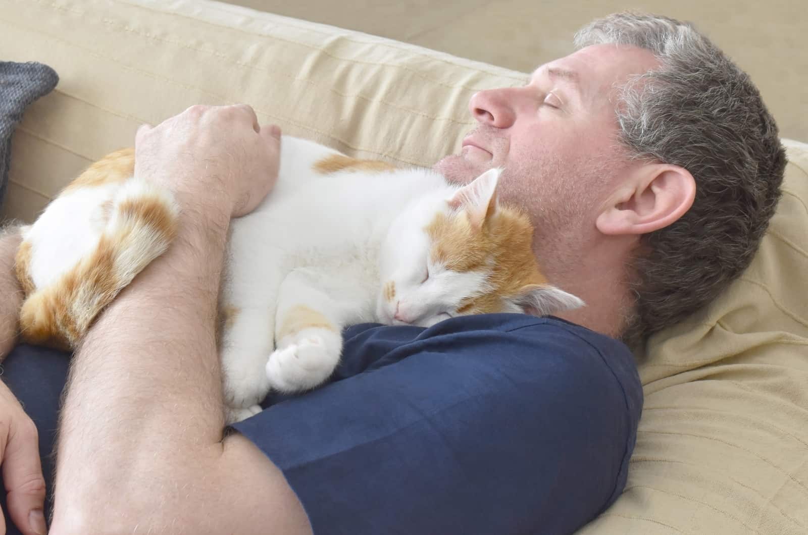 cat sleeping with owner on sofa