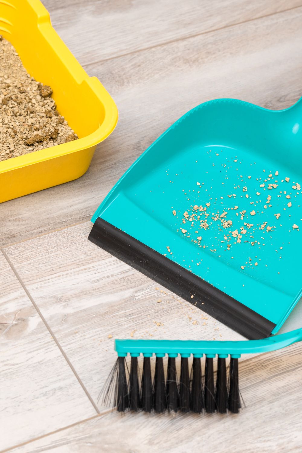 turquouise cleaning brush and spatula next to a yellor cat litter box with horse bedding pellets