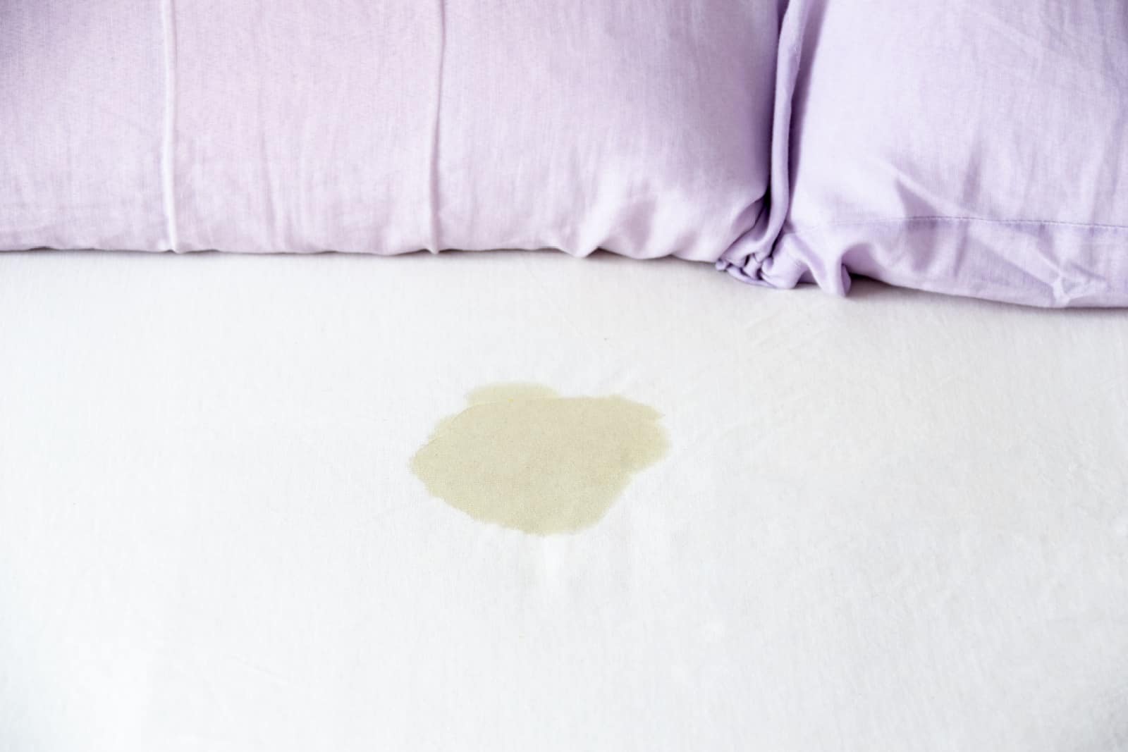 close up urine residue on a bed caused by a pet on the bed in the bedroom