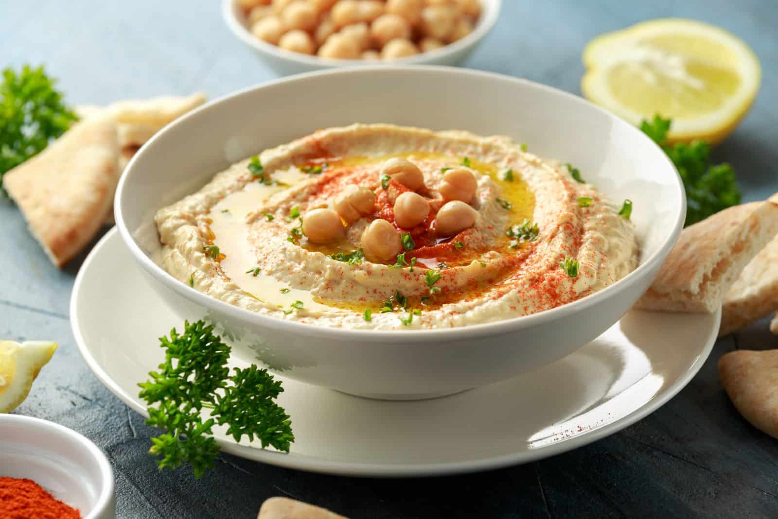 hummus in a white plate