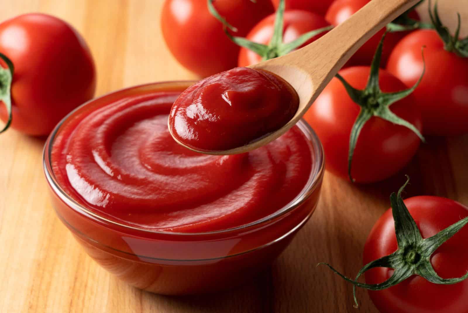  ketchup and tomatoes placed on a wooden background