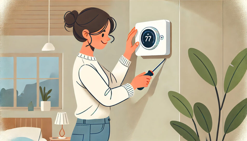 cartoon illustration of a woman installing a thermostat at home