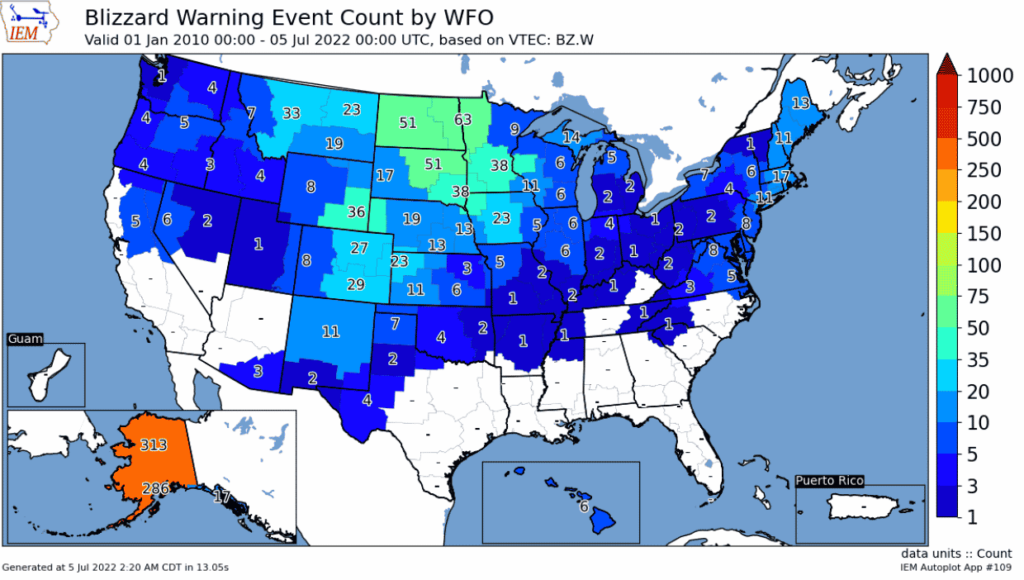 Blizzard warning event count by WFO