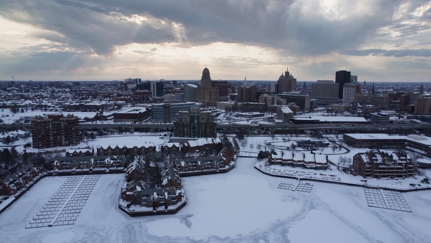 Snow covers the city of Buffalo, New York