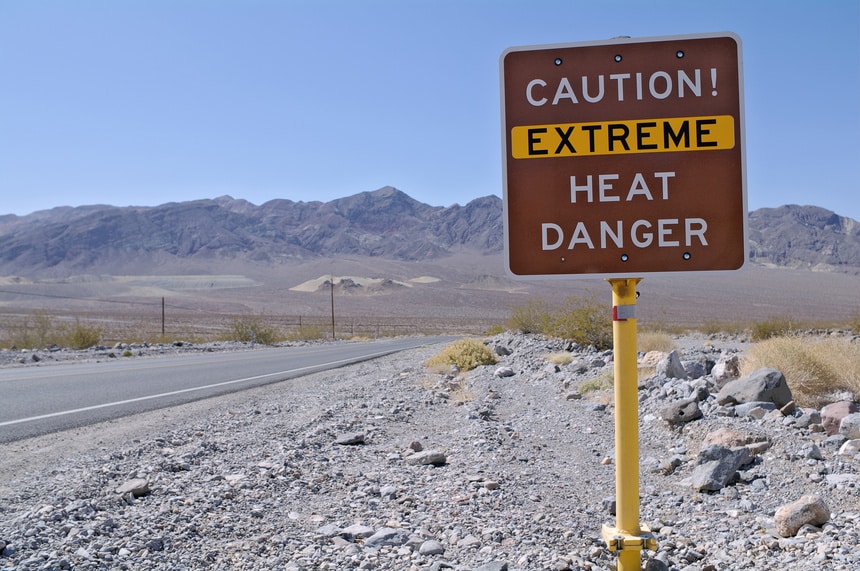 Extreme heat sign in Death Valley National Park, California