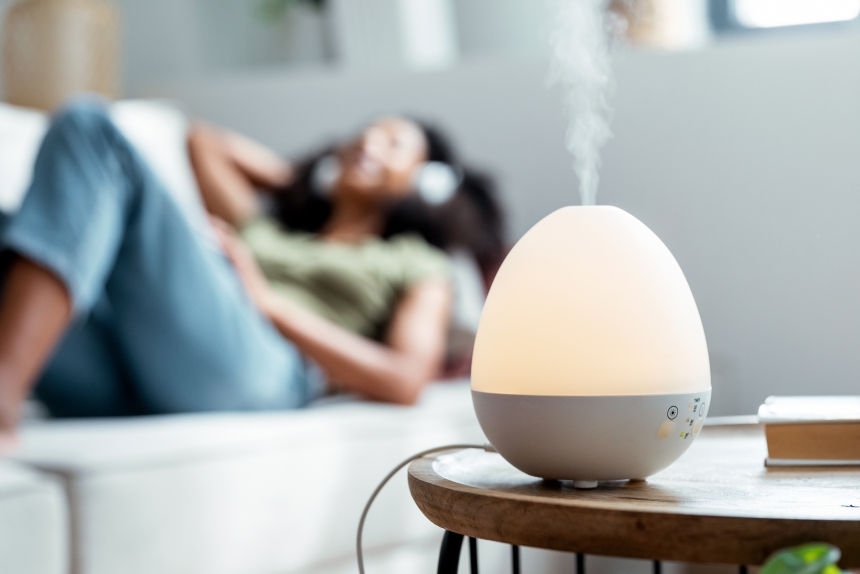 Diffuser in a living room with a woman on a couch listening to music