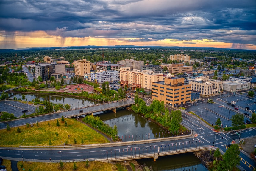 Downtown Fairbanks, Alaska on a stormy day