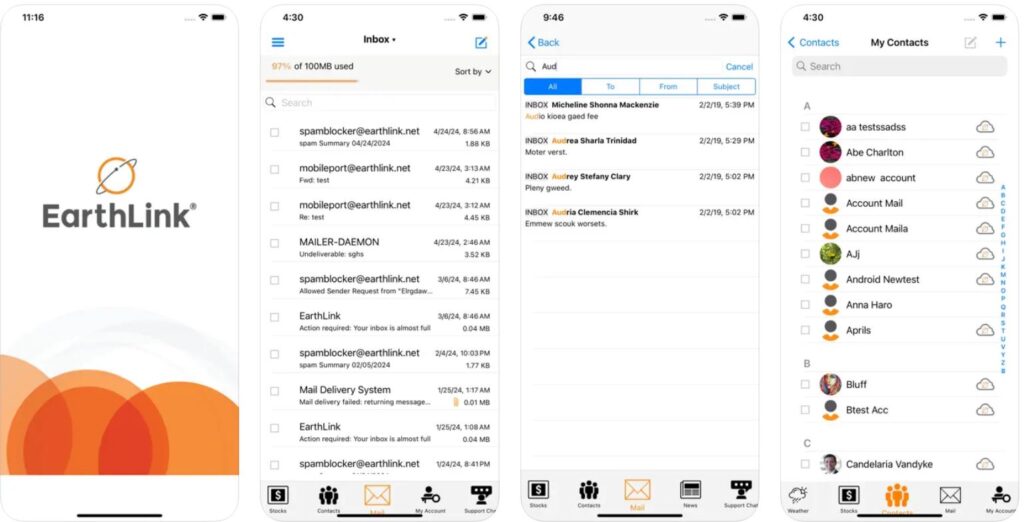 screenshots of the Earthlink mobile app