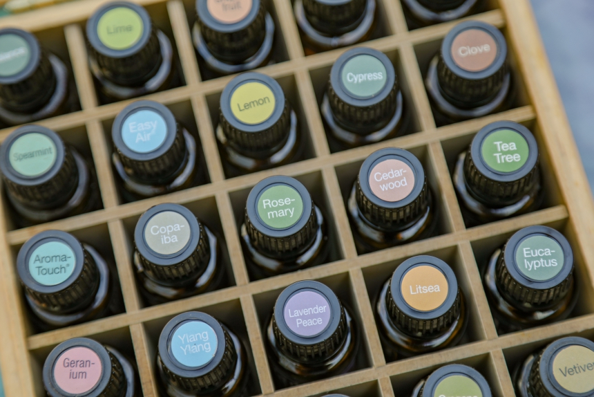 Essential oil collection in a wooden box