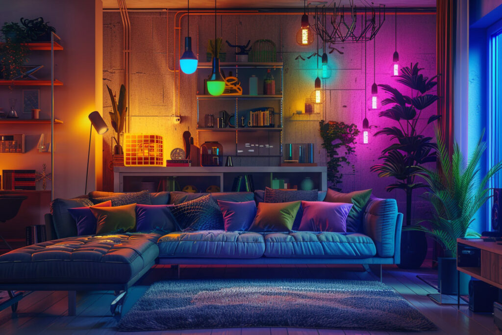 illustration of a living room with smart lighting