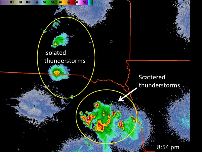 Example of isolated vs. scattered thunderstorms