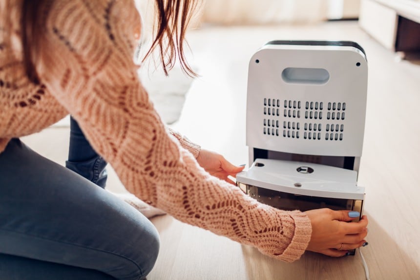 Woman removing water from a dehumidifier tank