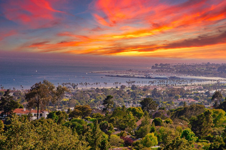 View of Santa Barbara, California from the mountains