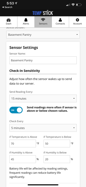 Sensor settings