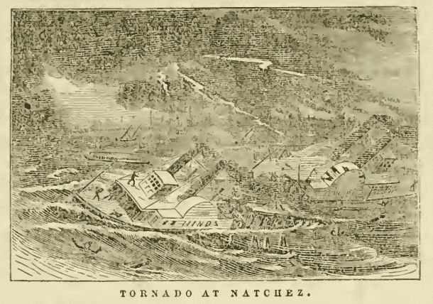 drawing of the steamboat Hinds being capsized by the Natchez Tornado