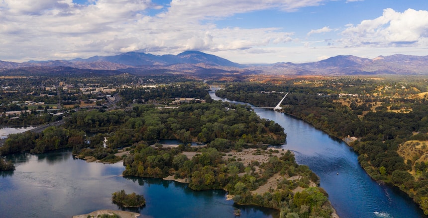 The Sundial Bridge crosses the Sacramento River in Redding, California