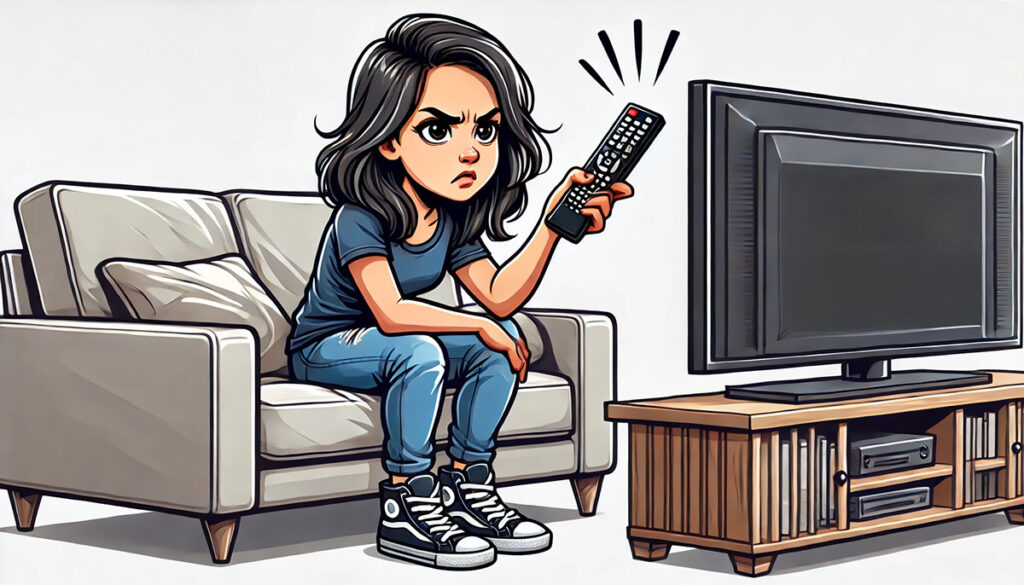 a frustrated woman sitting on the couch watching TV with a broken remote control