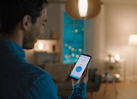 Man using smart home app to control lights