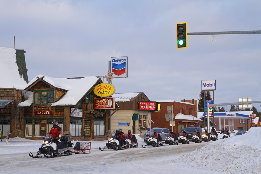 West Yellowstone, Montana guided tower on snowmobiles during the winter