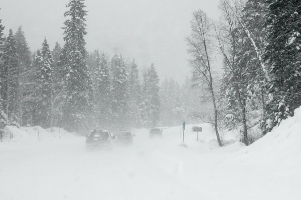 Trucks driving in a blizzard