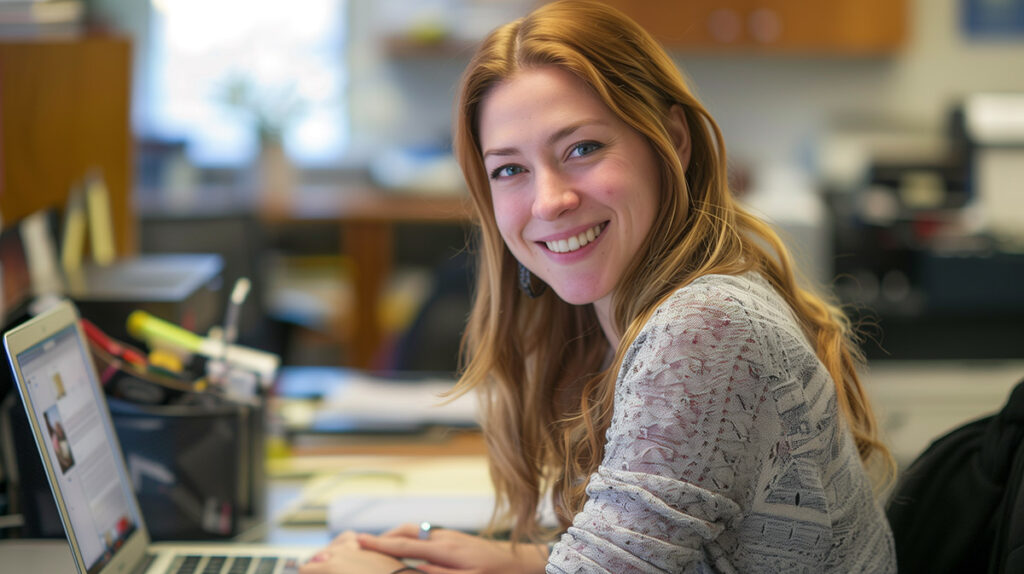 photo of a smiling woman shopping online