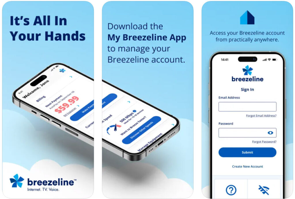 screenshots of the MyBreezeline mobile app