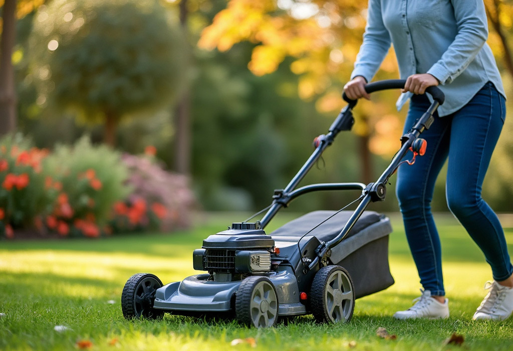 photo of a woman mowing the lawn with an electric mower