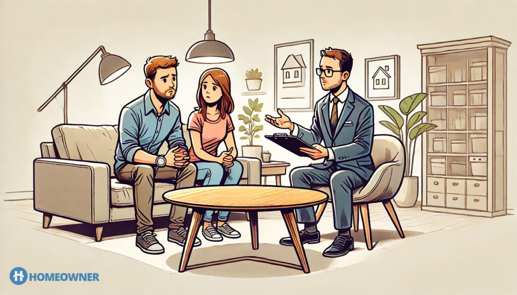 illustration of homeowners meeting with an insurance agent