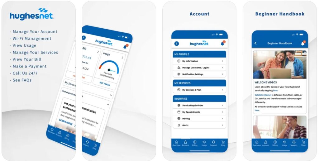 screenshots of the Hughesnet app