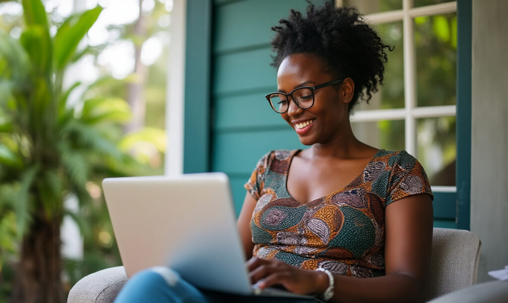 photo of a woman using her laptop to connect to Hughesnet satellite internet