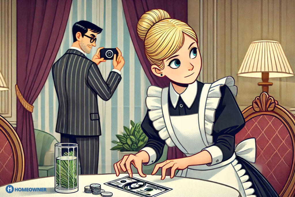 illustration of a housekeeper taking money