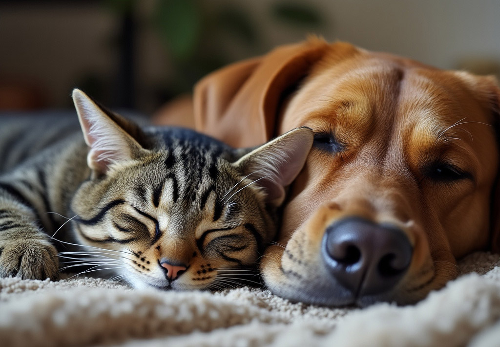 photo of a dog and cat laying together